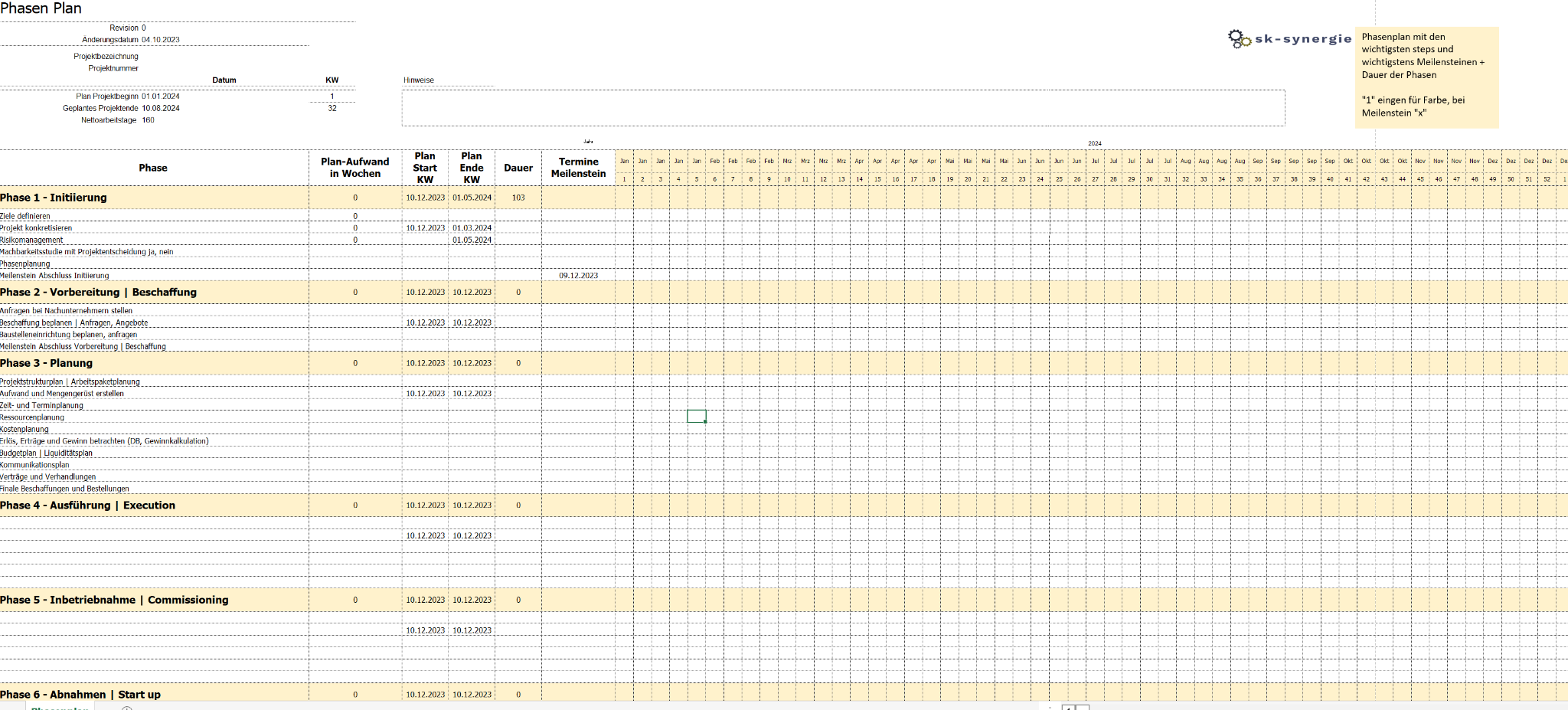 Vorschau der Excel-Vorlage Projektphasenplan