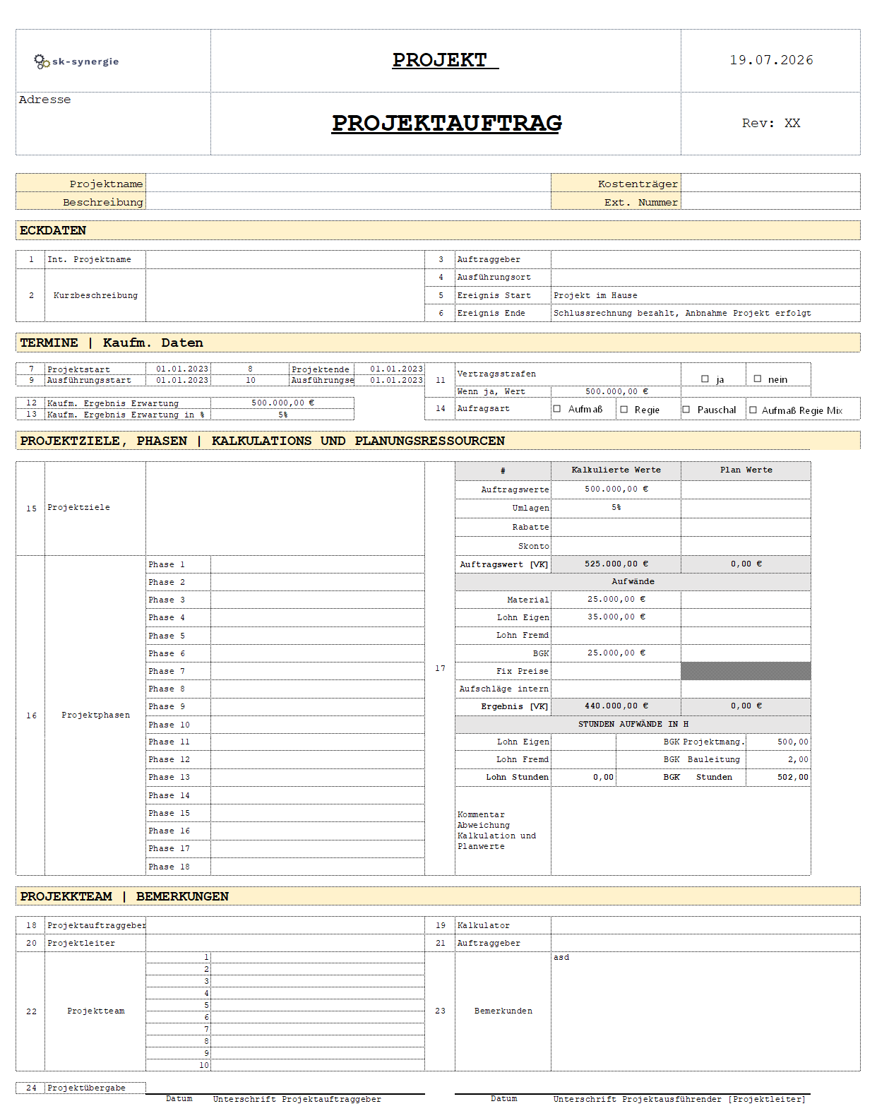 Vorschau der Excel-Vorlage Projektauftrag