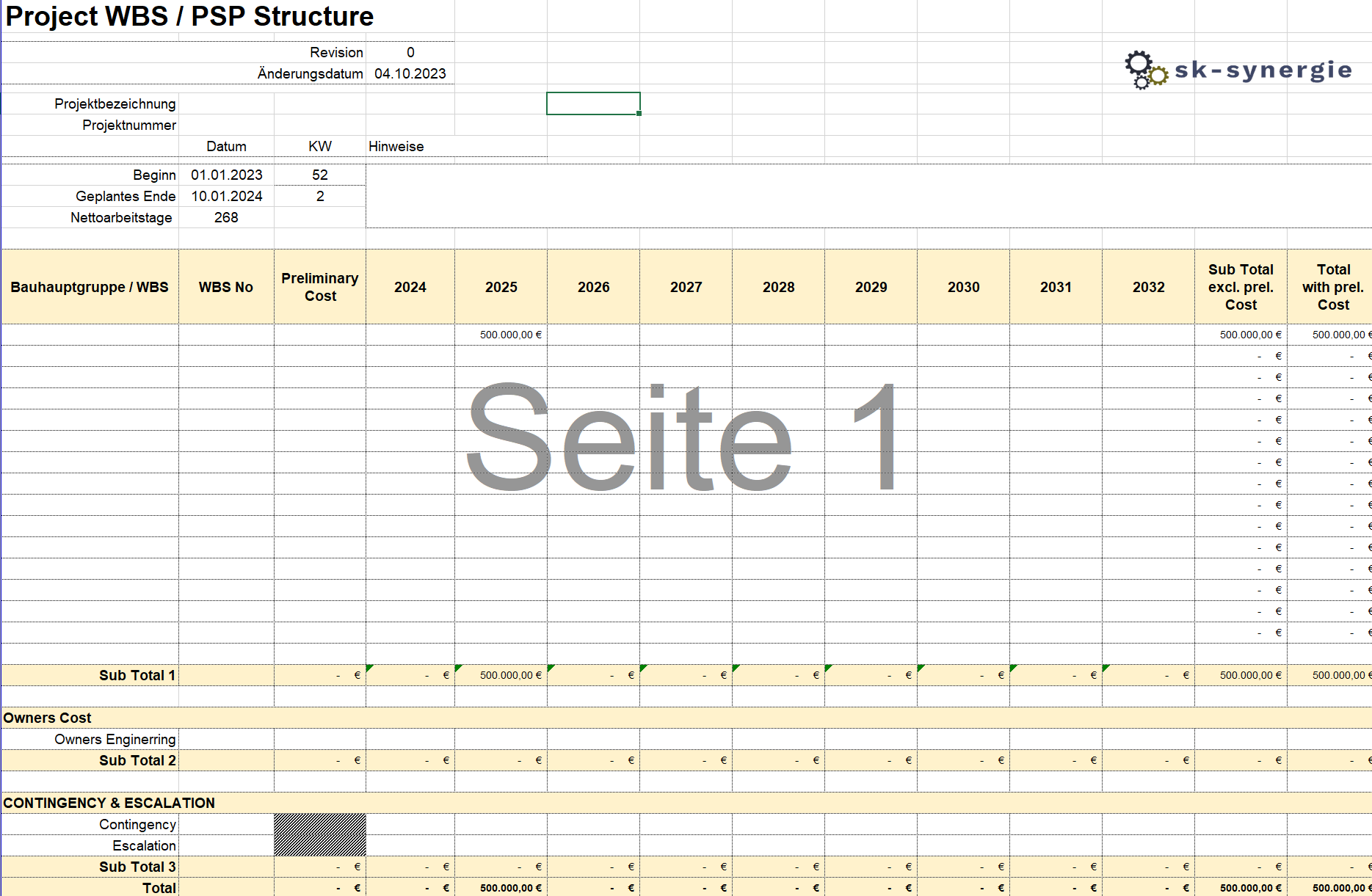 Vorschau der Excel-Vorlage Projektstrukturplan PSP WBS