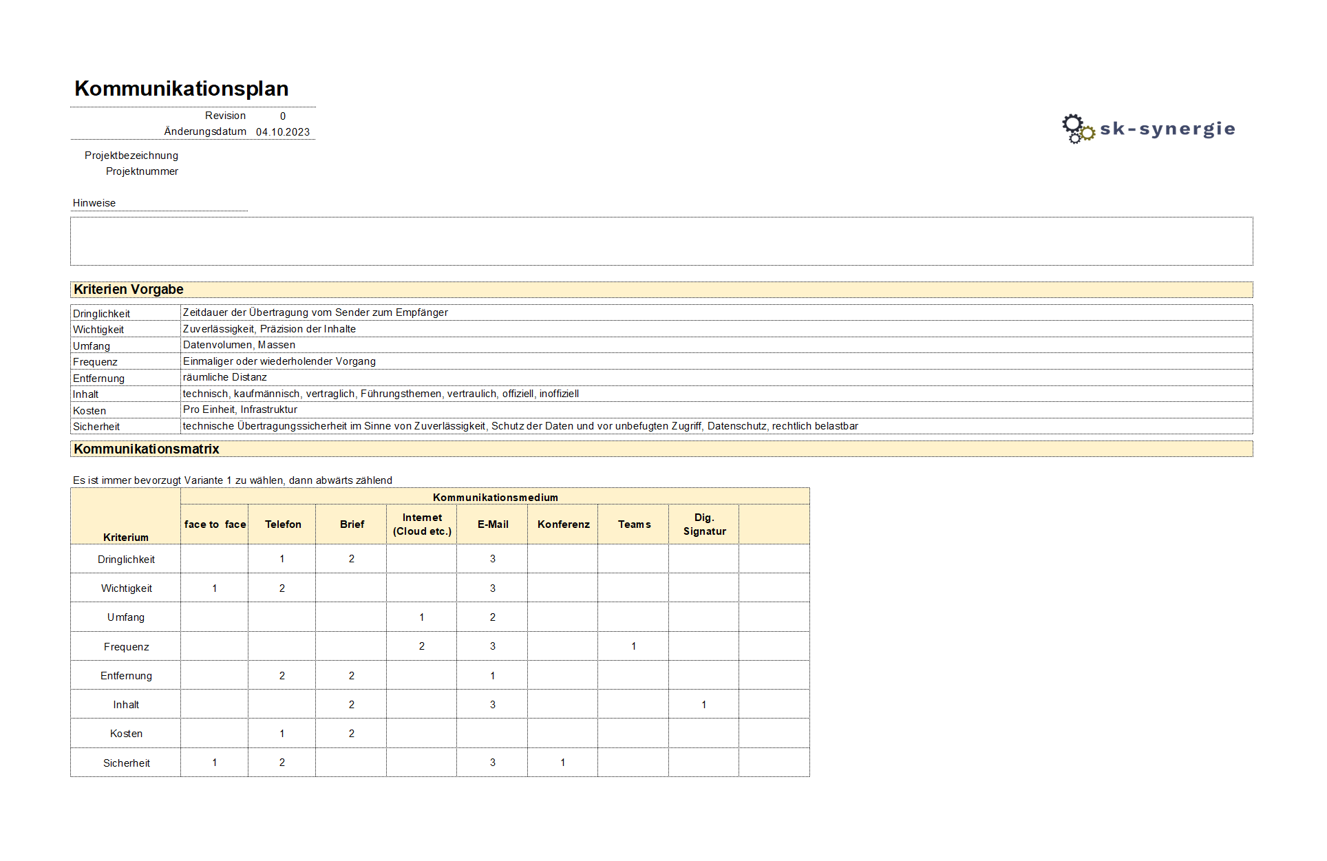 Vorschau der Excel-Vorlage Kommunikationsplan